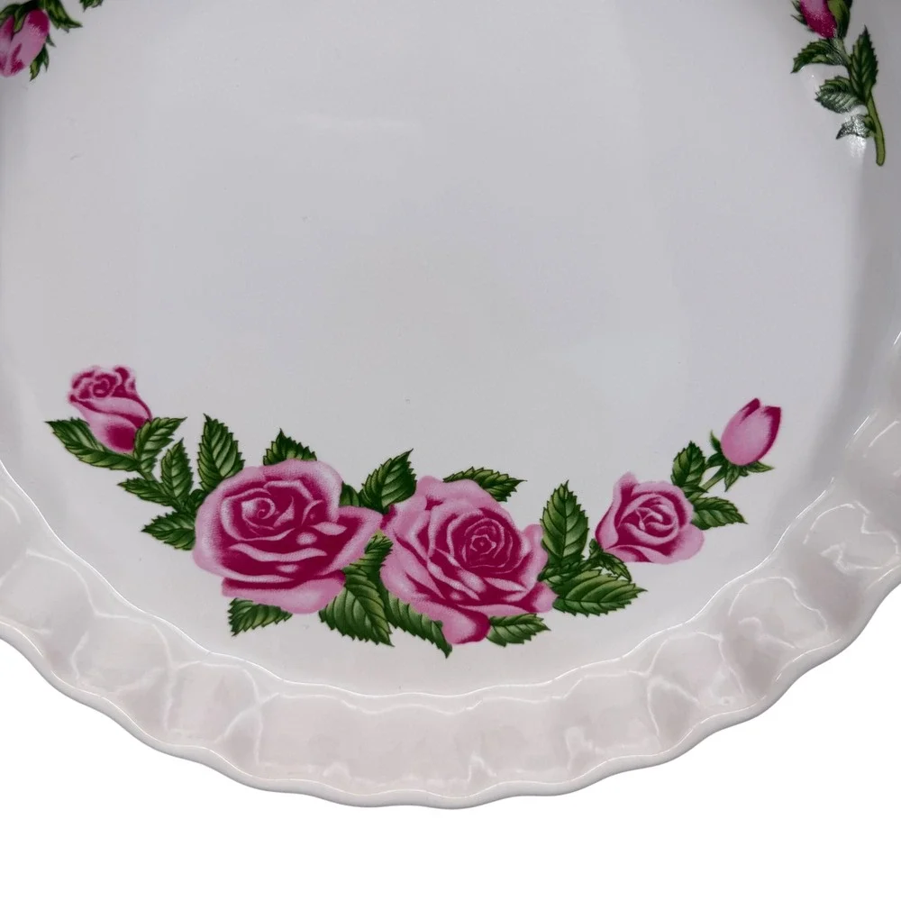 Christineholm Porcelain Quiche Tart Pan Pink Rose Floral Fluted 9 Inch Cottage